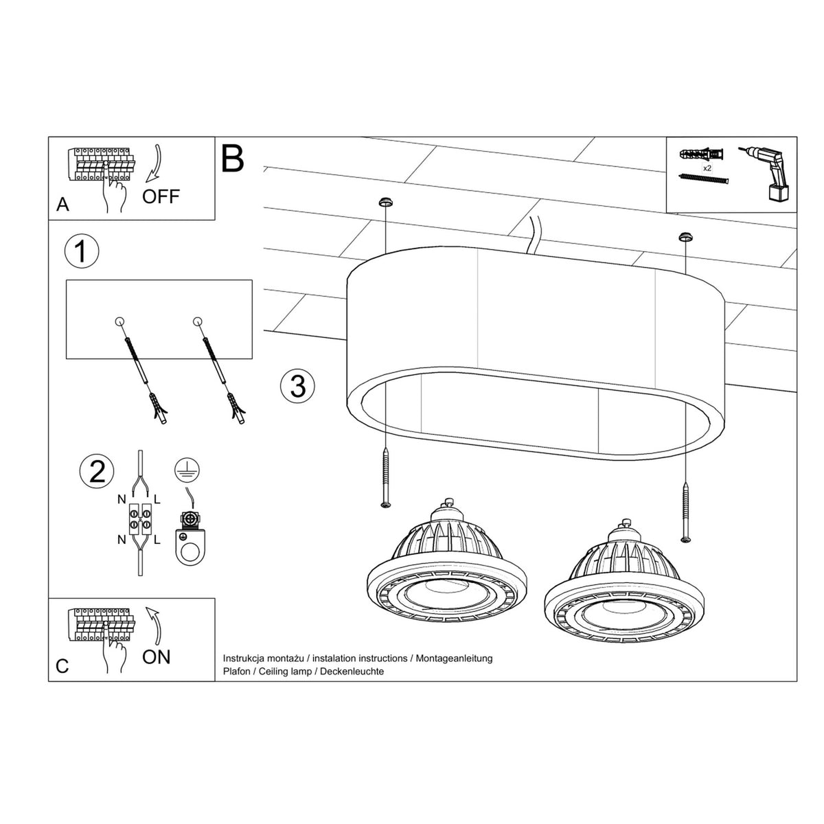 Notice de montage du plafonnier au plafond avec raccordement électrique.