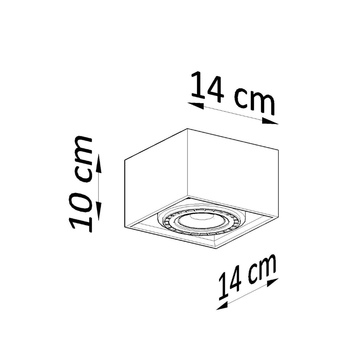 Schéma coté du luminaire carré indiquant quatorze centimètres de côté et dix de hauteur.