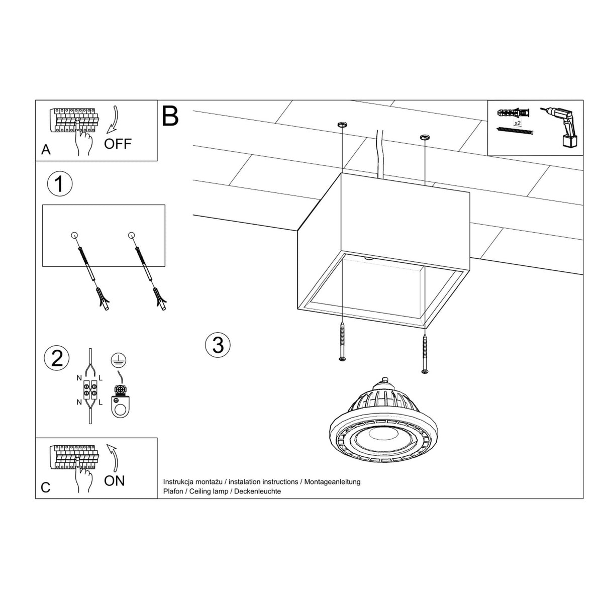 Notice de montage illustrée pour plafonnier, avec câblage, perçage et fixation au plafond.