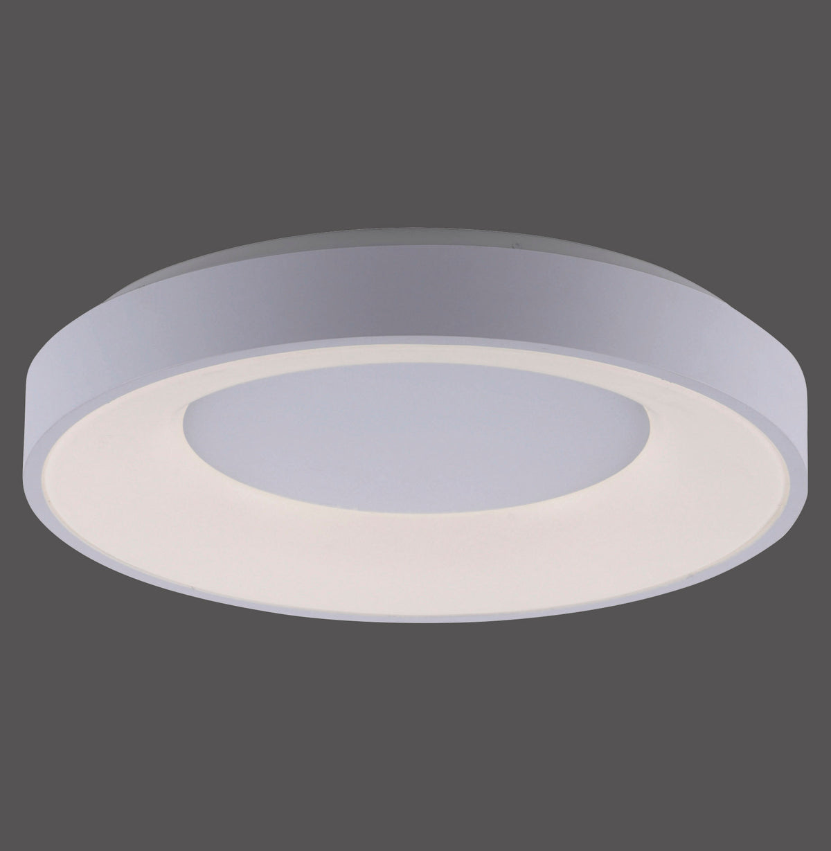 Plafonnier rond blanc vu de face sur fond gris anthracite, diffuseur lumineux central