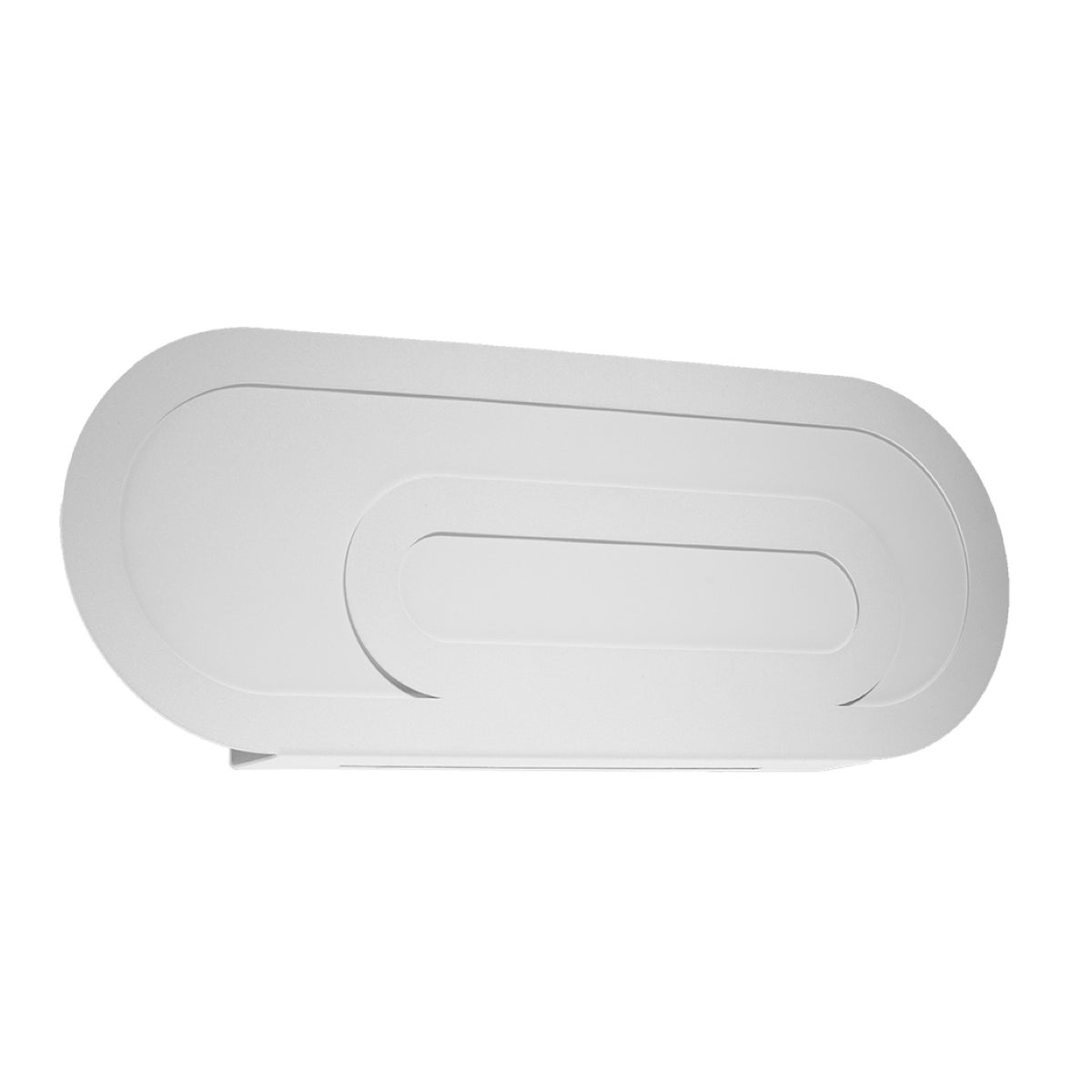 Vue de face du luminaire blanc éteint, coque oblongue à double contour imbriqué