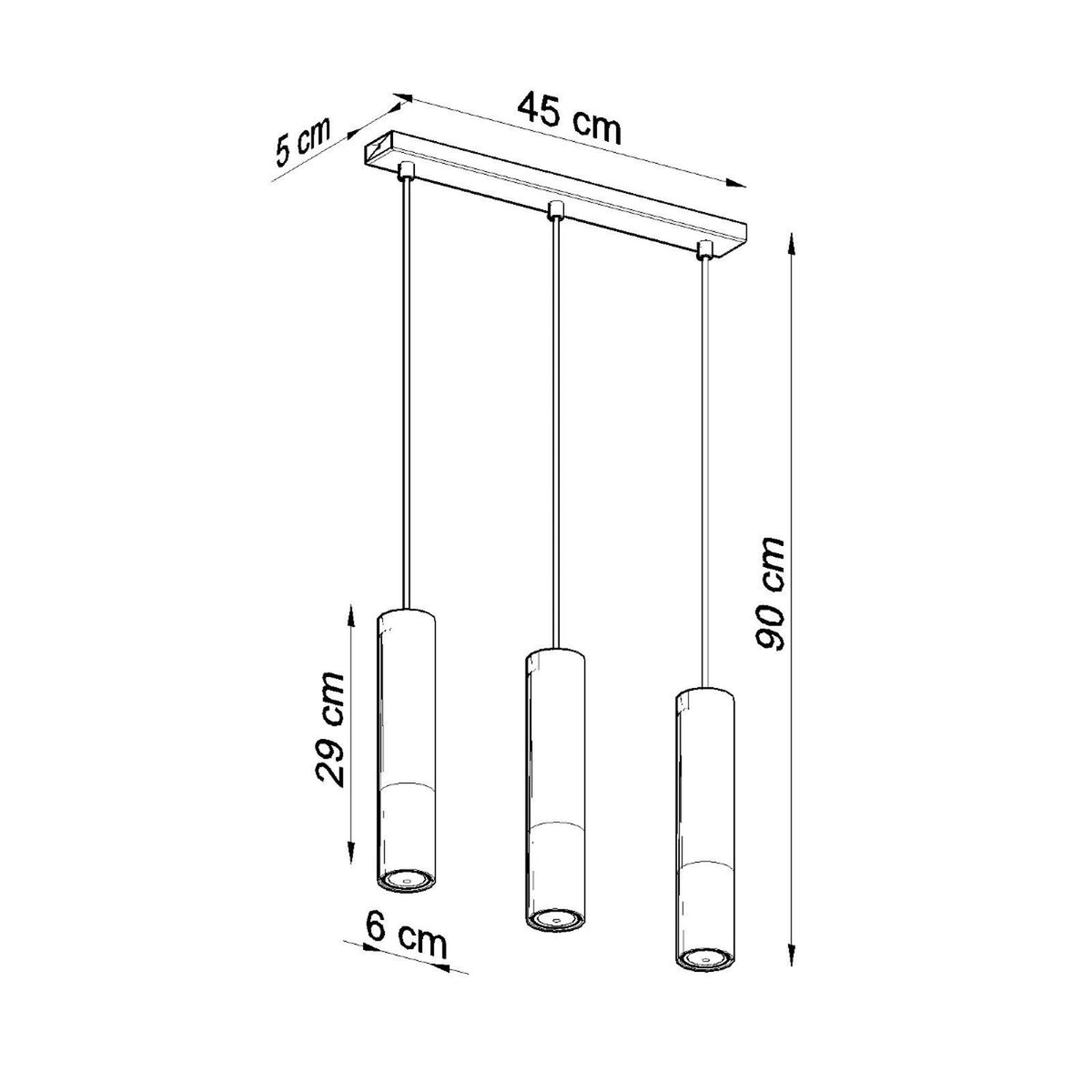 Schéma coté du luminaire suspendu avec dimensions de la barre et des cylindres