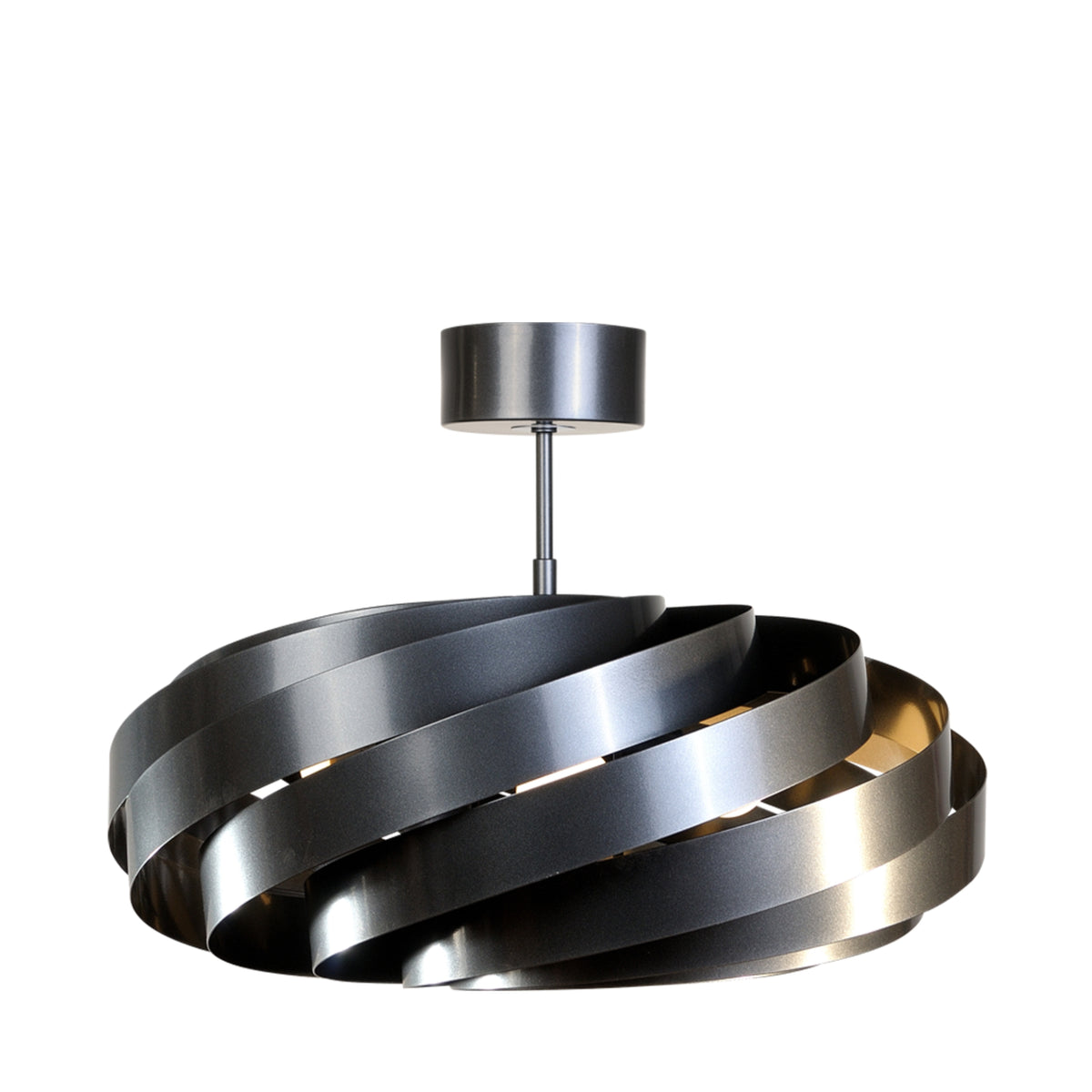 Plafonnier anthracite spiralé à quatre lumières, vue de face sur fond blanc