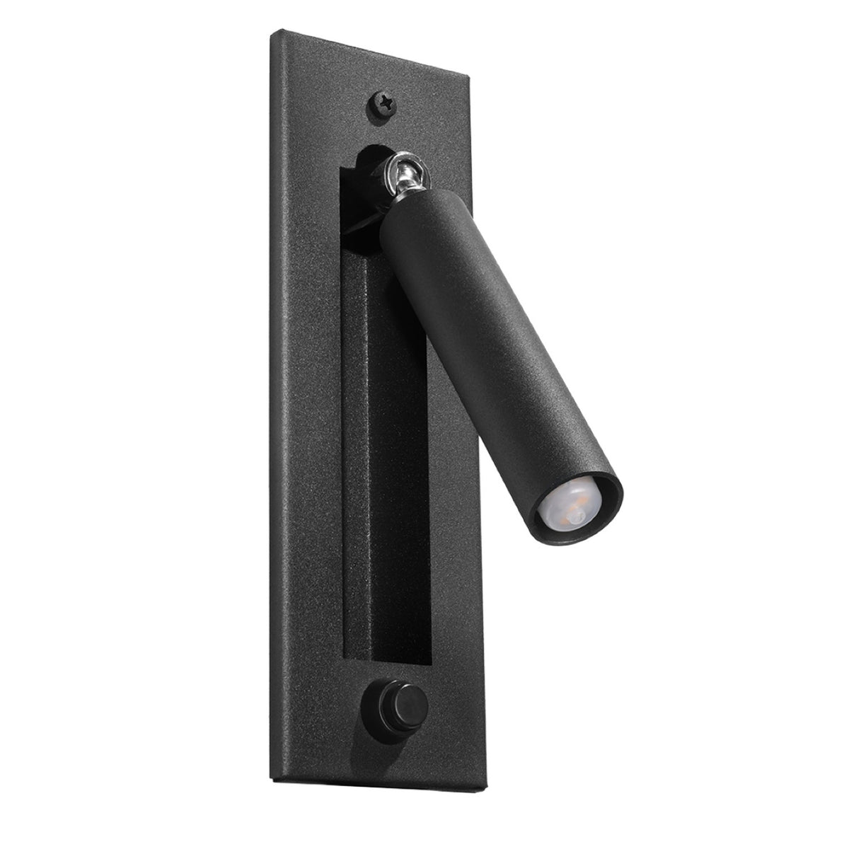 Applique murale noire orientable avec projecteur cylindrique incliné vers le bas sur fond blanc.