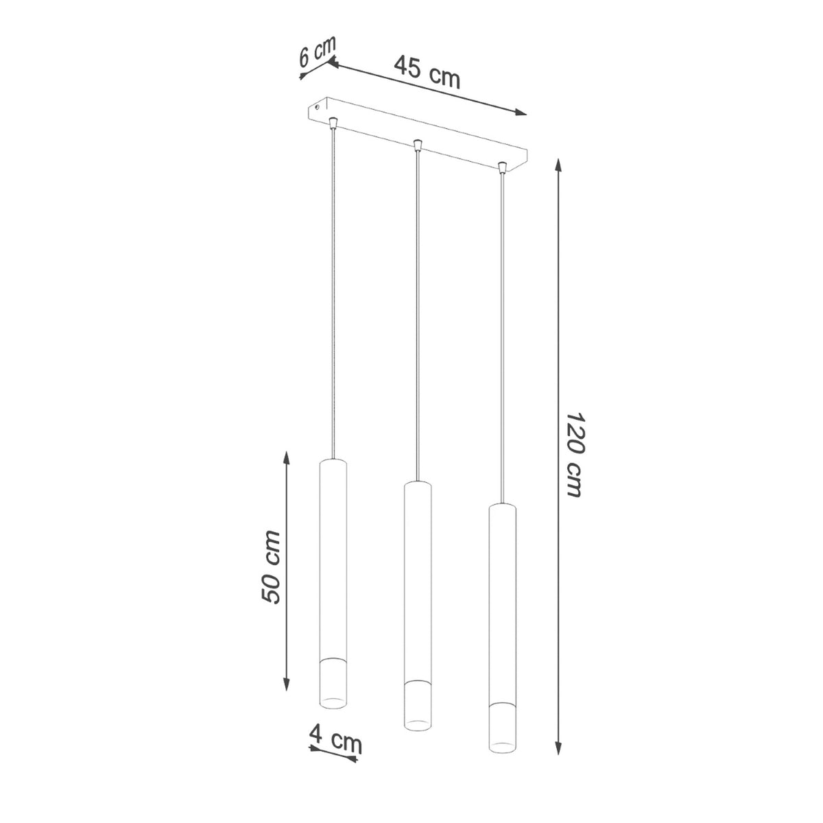 Schéma coté du luminaire, dimensions 45 cm, 120 cm, 50 cm, 4 cm.
