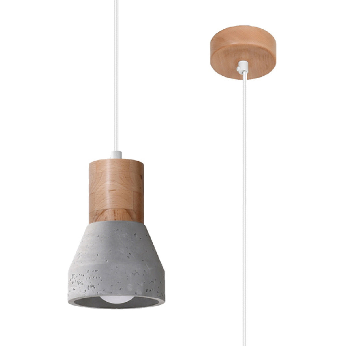 Vue détachée du luminaire suspendu et de sa rosace en bois clair.