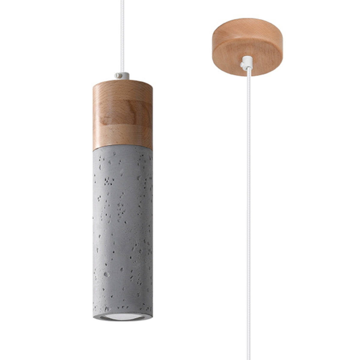 Lampe suspendue cylindrique en béton gris et bois clair, de face.