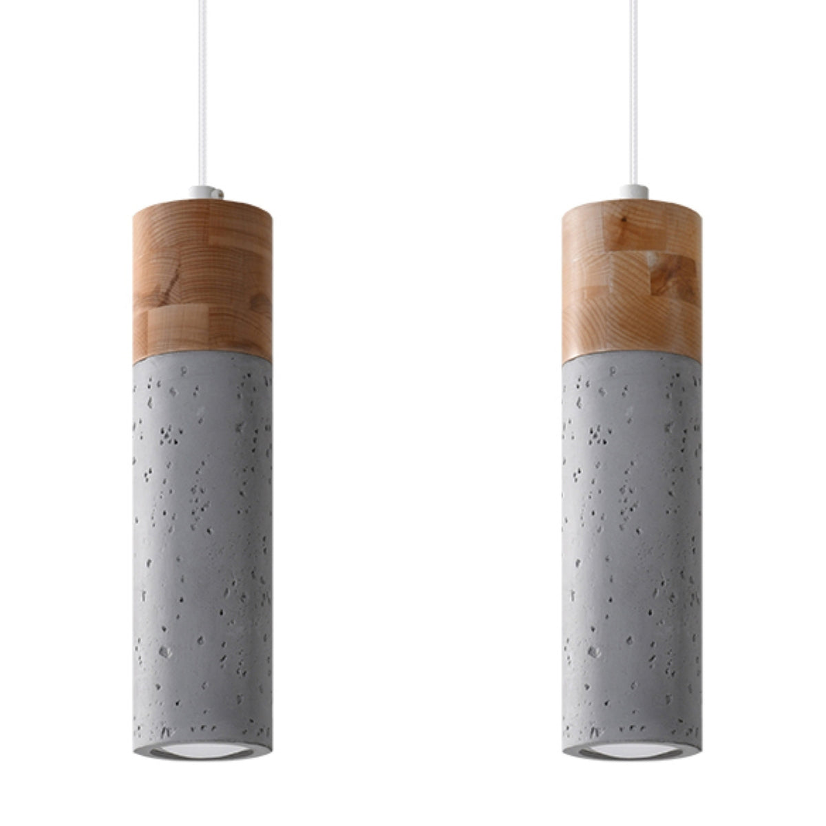 Produit de face : deux suspensions cylindriques en bois et béton gris.