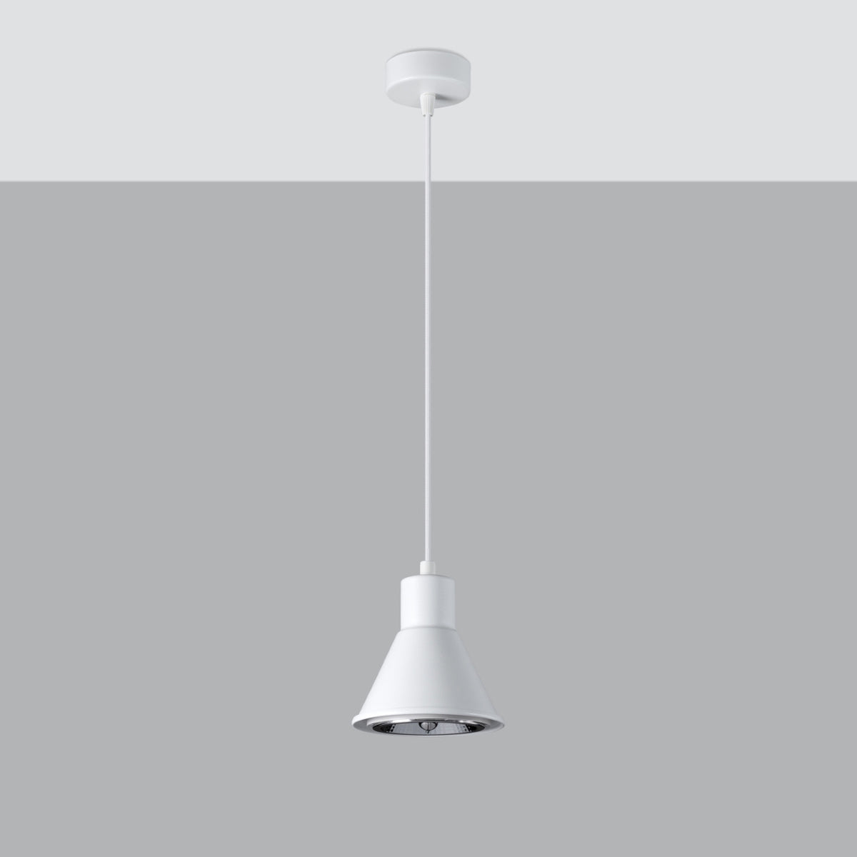 Présentation du luminaire blanc sur fond gris, vue de face avec câble et rosace.