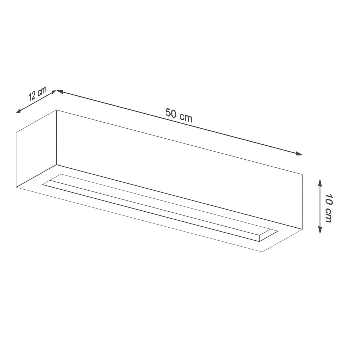 Schéma coté du luminaire indiquant cinquante centimètres de long, douze de profondeur et dix de hauteur.