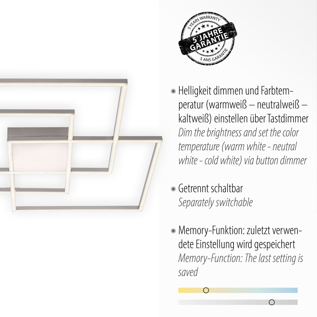 Détail des fonctionnalités : variateur, température de couleur et garantie cinq ans.