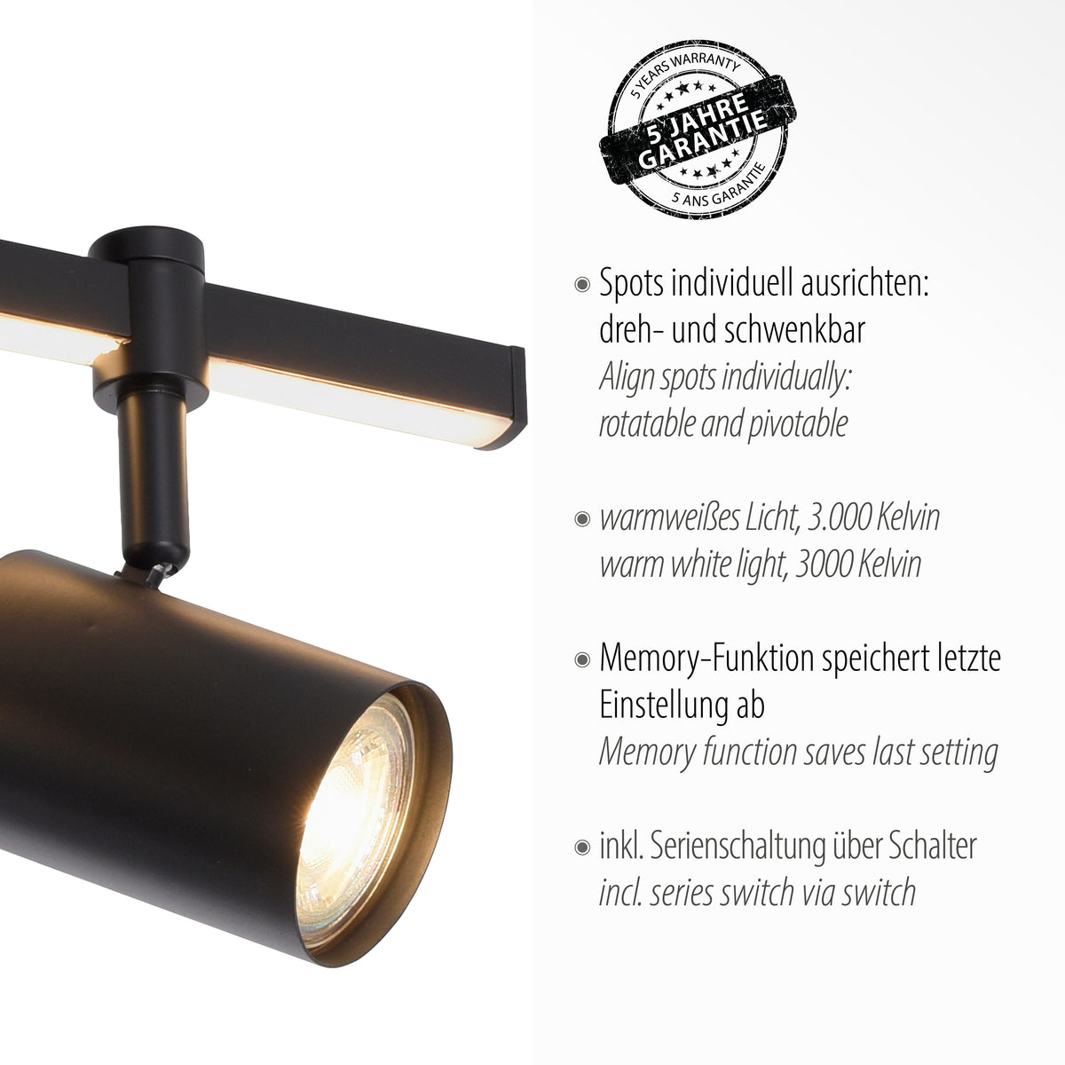 Détail d'un spot orientable et de la barre LED avec texte technique en allemand