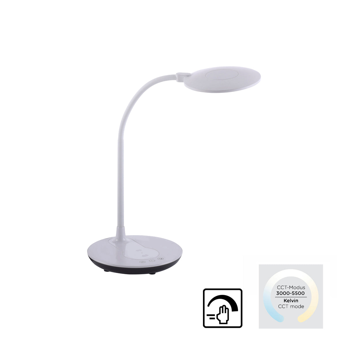 Lampe blanche sur fond blanc avec pictogrammes du variateur tactile et de la température de couleur.