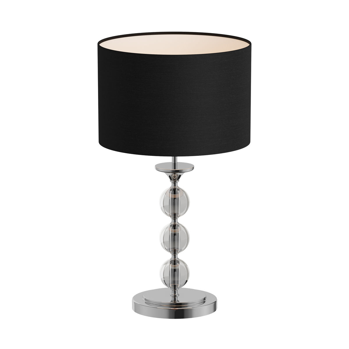 Lampe à poser de face, abat-jour noir cylindrique et base en verre boules