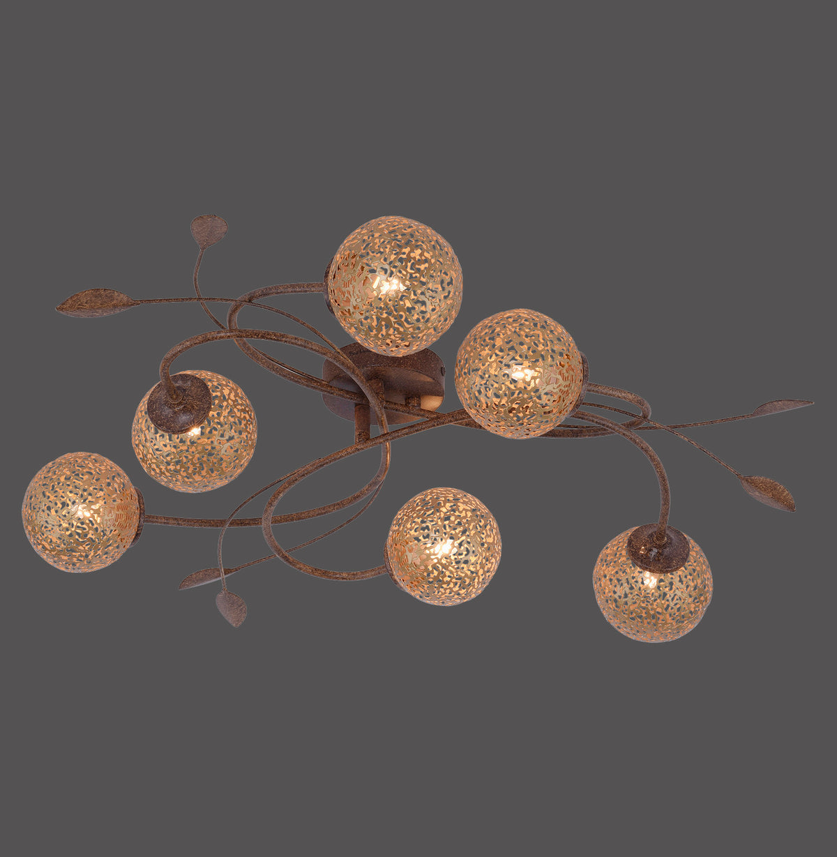 Luminaire de face sur fond sombre, six globes dorés et branches rouillées.