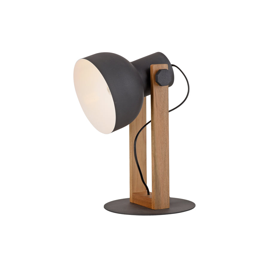 Vue de trois quarts de la lampe noire et bois sur fond blanc.