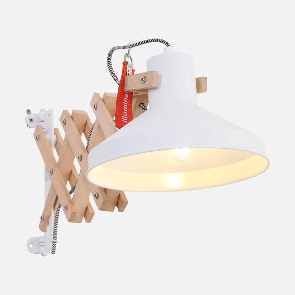 Verstellbare Schreibtischlampe aus Holz, weißer Lampenschirm & Scherengelenkarm | Woody