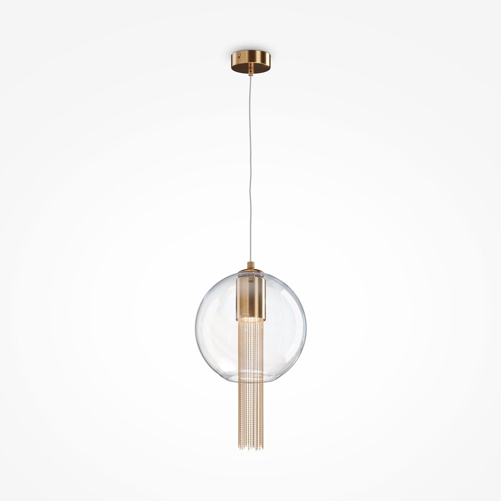 Luminaire suspendu en verre transparent et finition bronze, présenté de face sur fond blanc