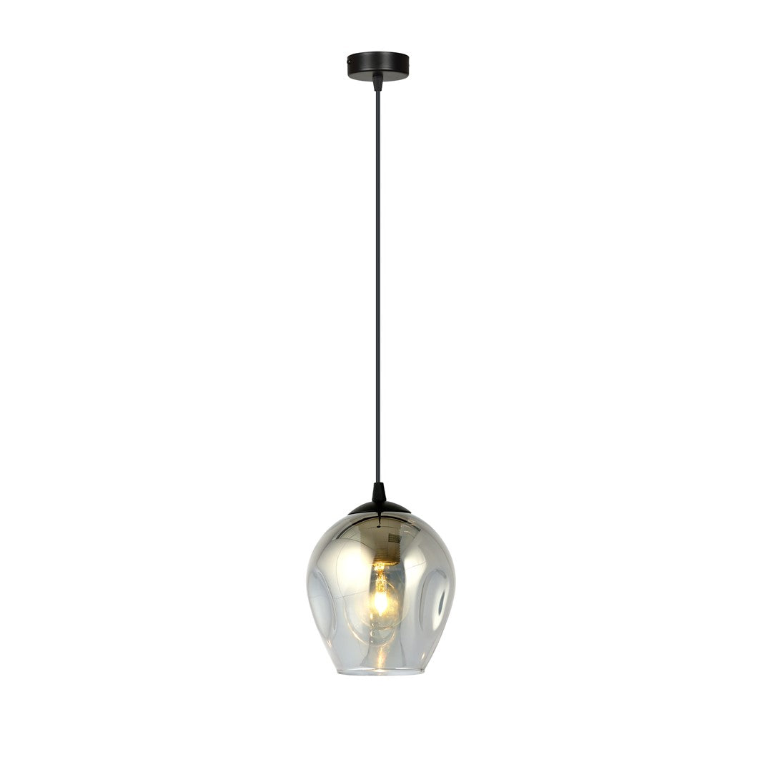 Suspension noire allumée, verre fumé graphite, vue de face sur fond blanc
