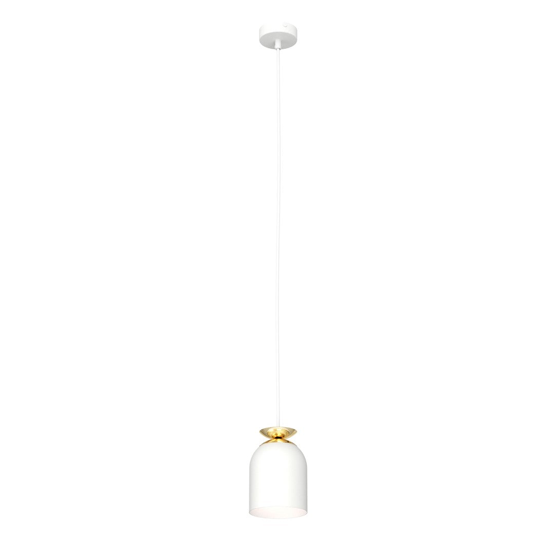 Vue de face du luminaire sur fond blanc, verre dépoli et collier doré