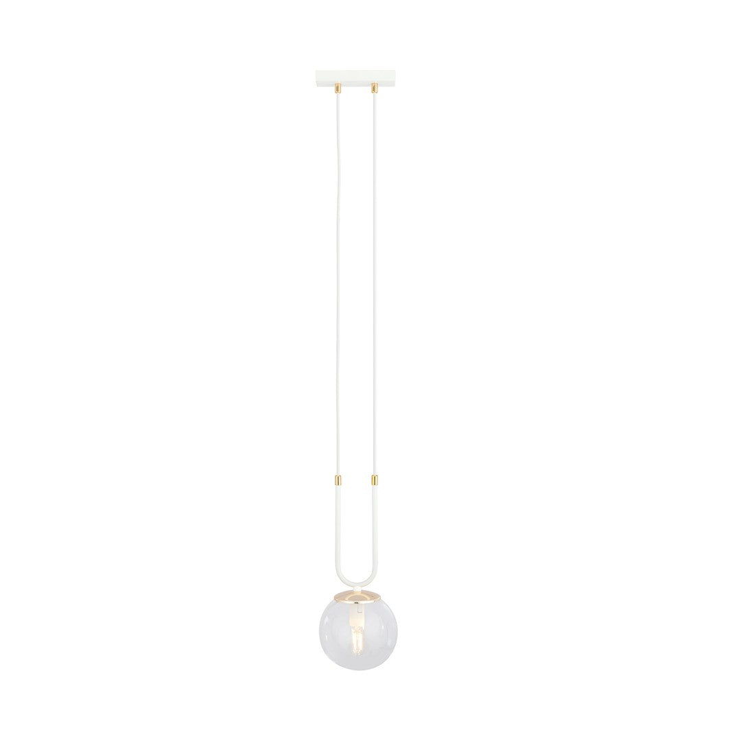 Vue de face de la suspension blanche avec globe en verre transparent et finitions dorées.