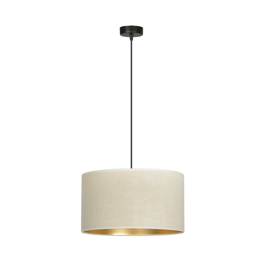 Suspension au grand abat-jour cylindrique en tissu beige, câble et base noirs, vue de face.