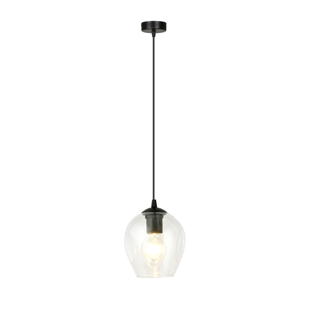 Vue de face du luminaire suspendu, verre transparent et douille noire, ampoule allumée