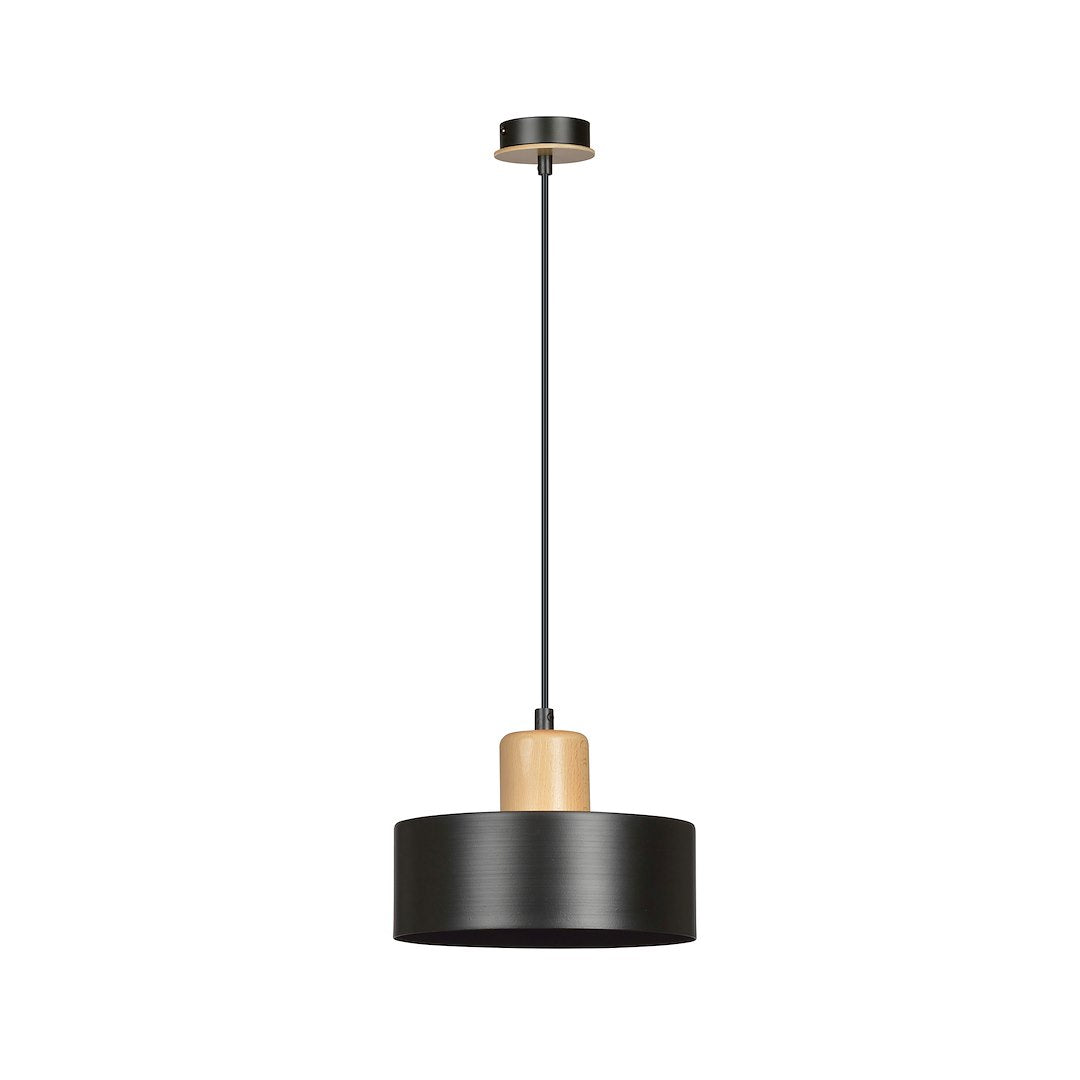 Suspension noire vue de face, abat-jour cylindrique et cabochon en bois clair.