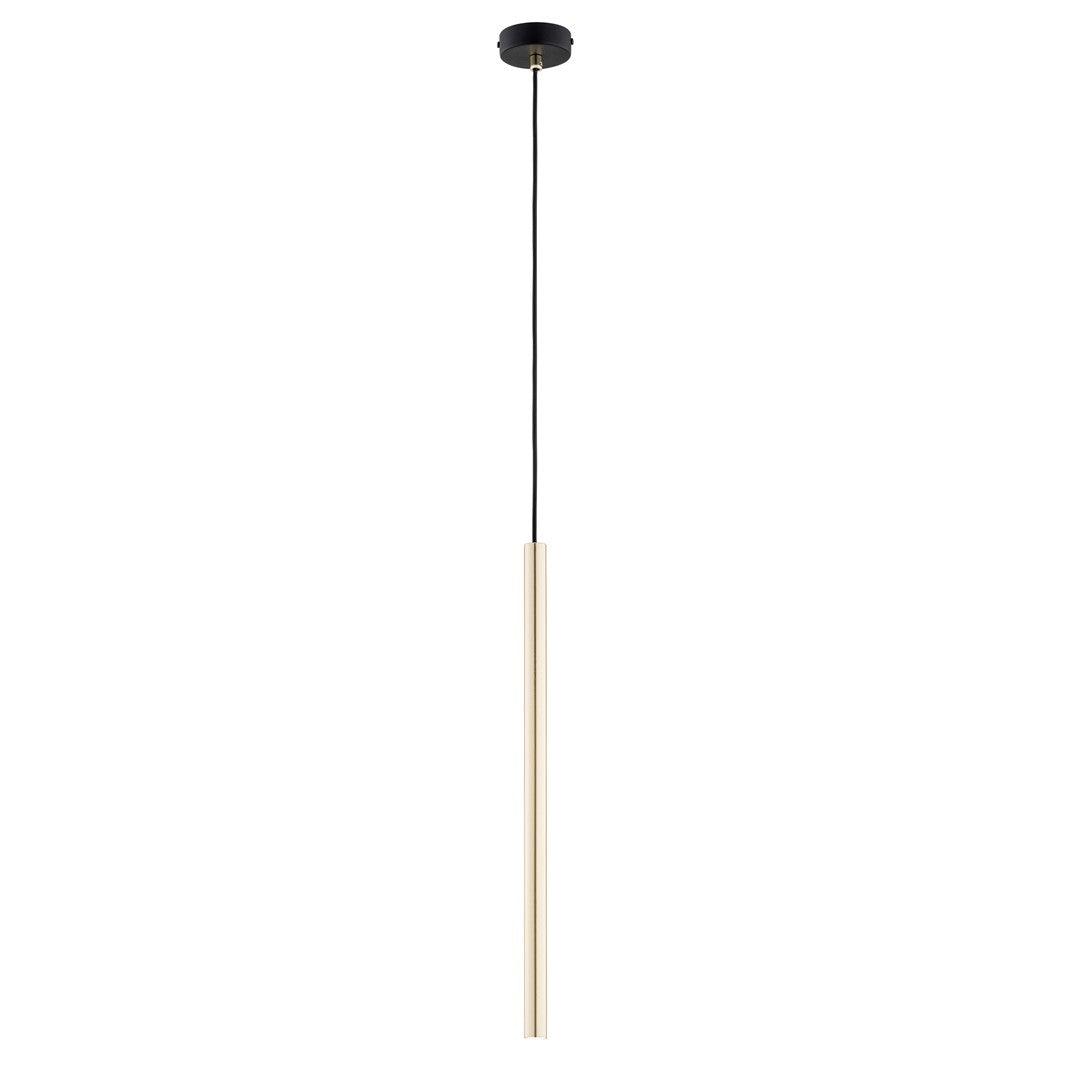 Vue de face du luminaire suspendu sur fond blanc, câble noir et long corps doré.