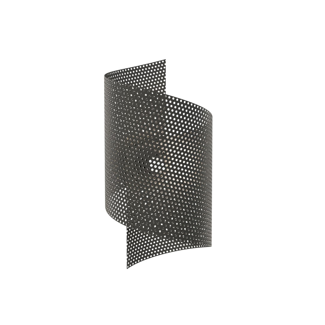 Vue de face du luminaire seul sur fond blanc, abat-jour cylindrique noir perforé.