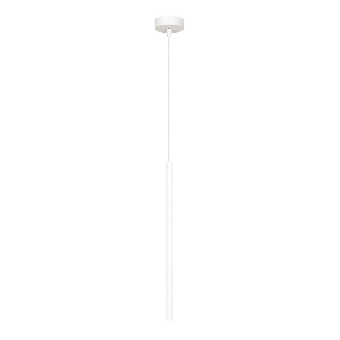 Suspension blanche présentée de face sur fond blanc, câble fin et long tube