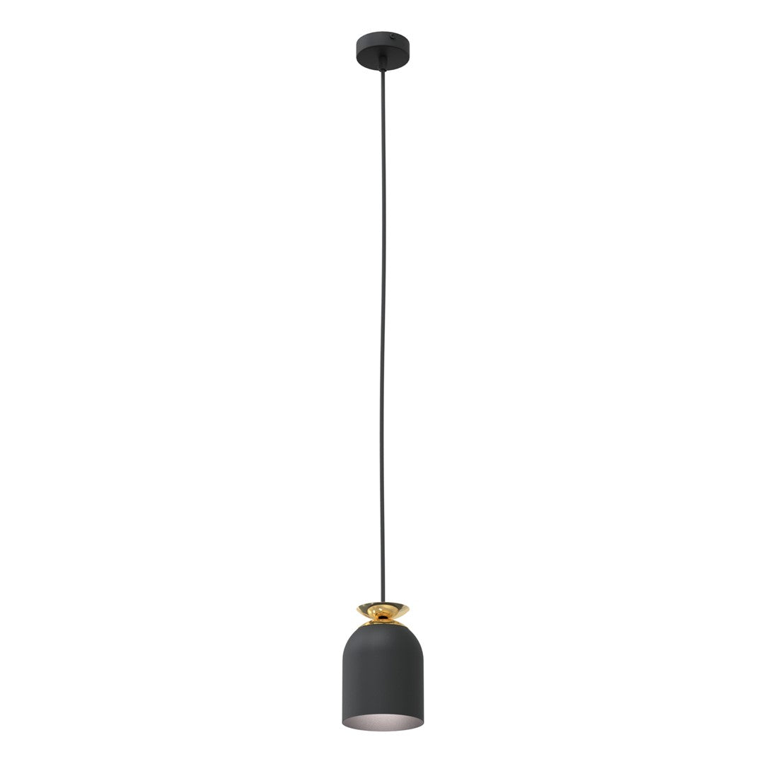 Vue produit de face sur fond blanc, suspension noire à câble fin et bague dorée