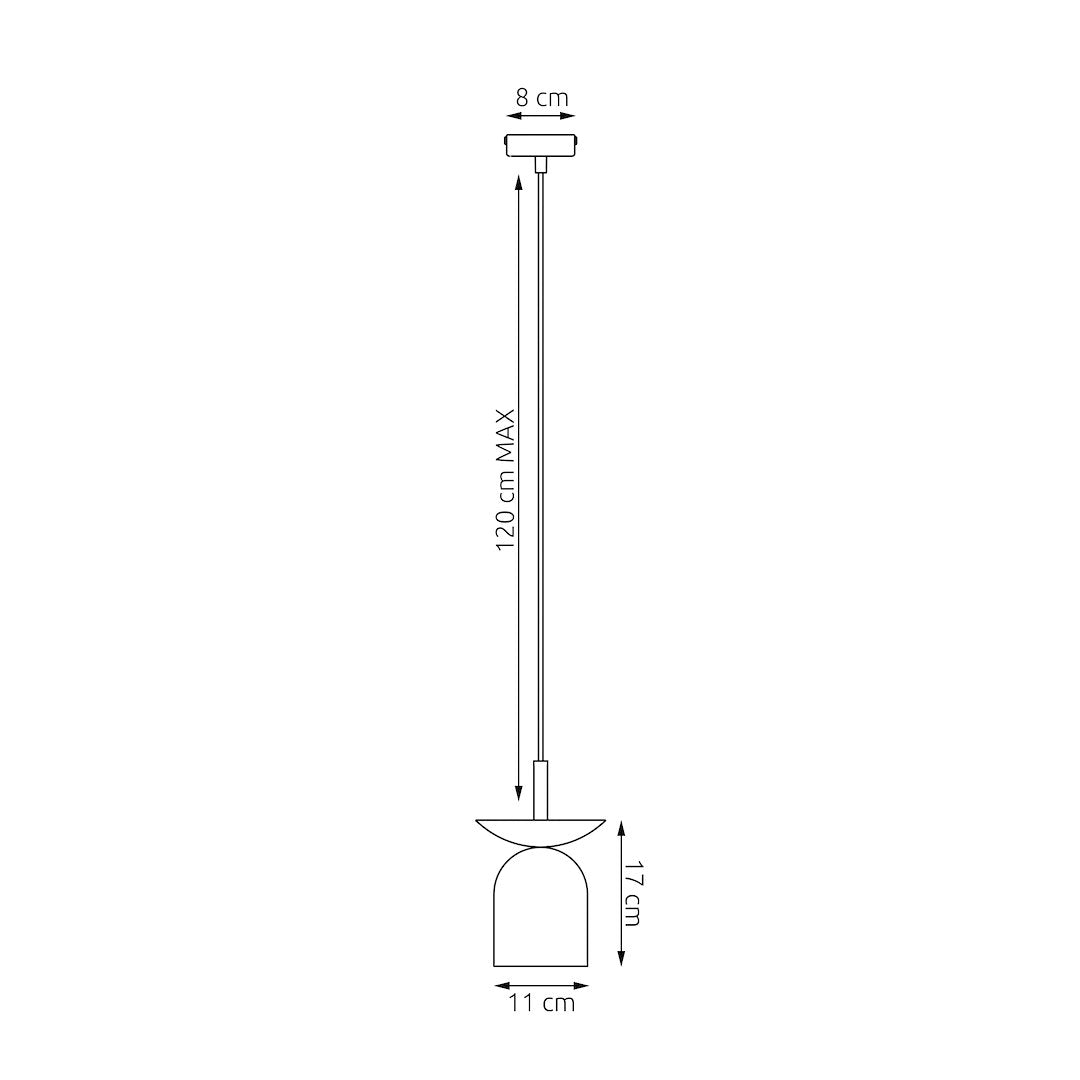 Schéma coté de la suspension : hauteur 17 cm, diamètre 11 cm, câble 120 cm maximum