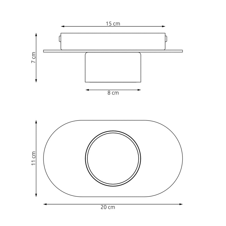 Schéma coté du luminaire avec hauteur 7 cm, largeur 20 cm et profondeur 11 cm
