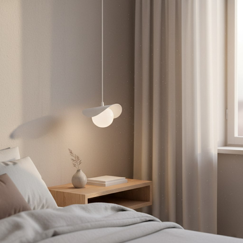 Mise en ambiance dans une chambre, suspension allumée au-dessus d'une table de chevet en bois