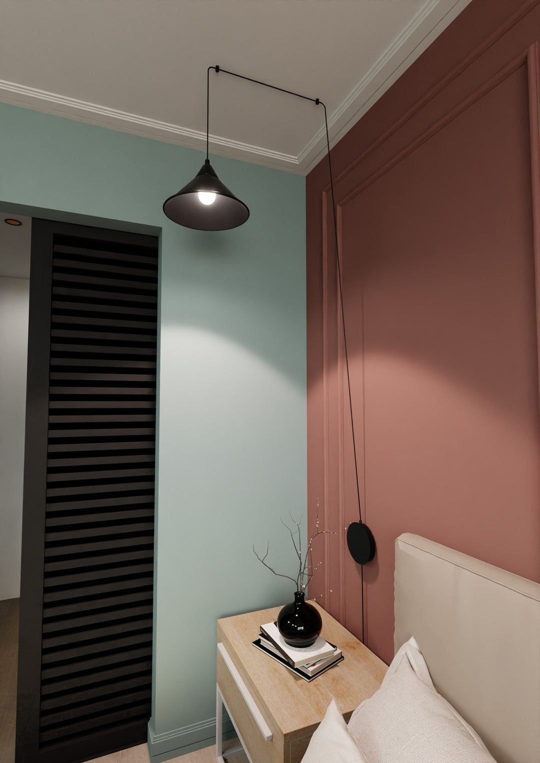 Mise en ambiance près d'une porte à claustra noire, table de nuit en bois clair.