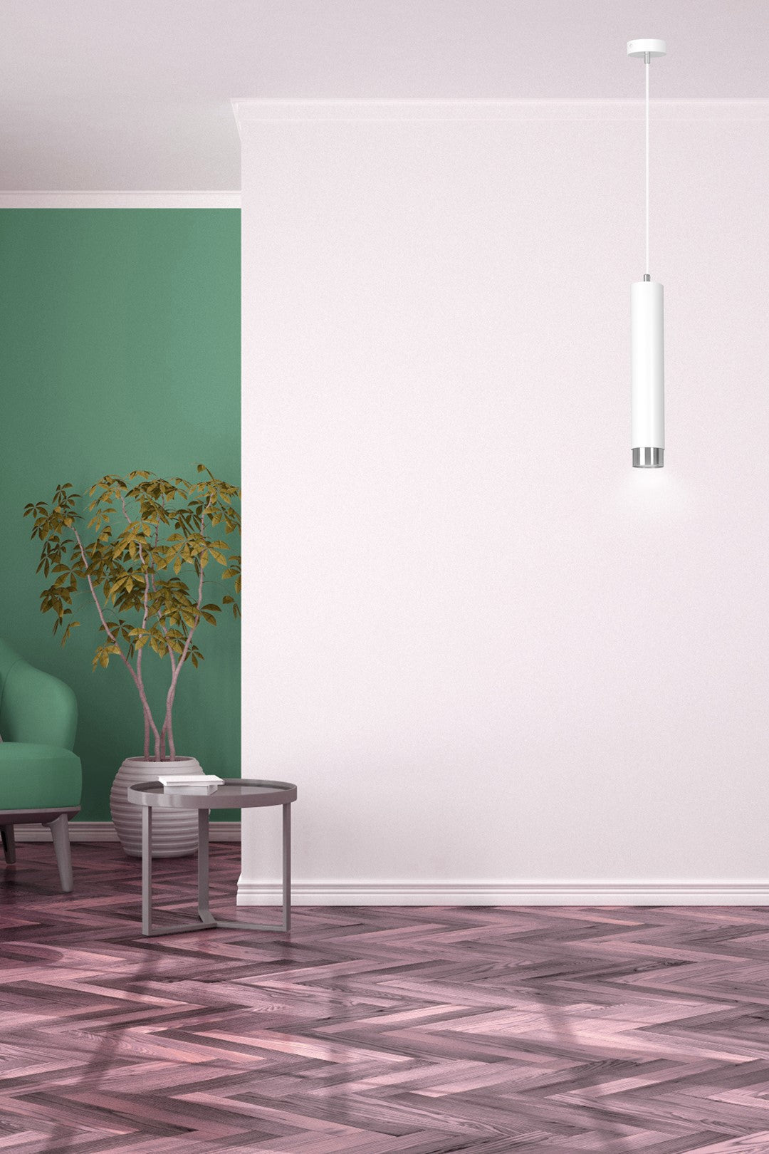 Mise en ambiance salon : mur vert, plante, table grise et parquet chevrons