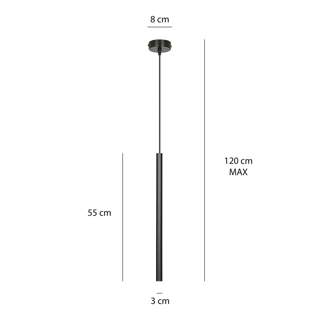 Schéma coté du luminaire, rosace huit centimètres, tube cinquante-cinq, hauteur cent vingt.