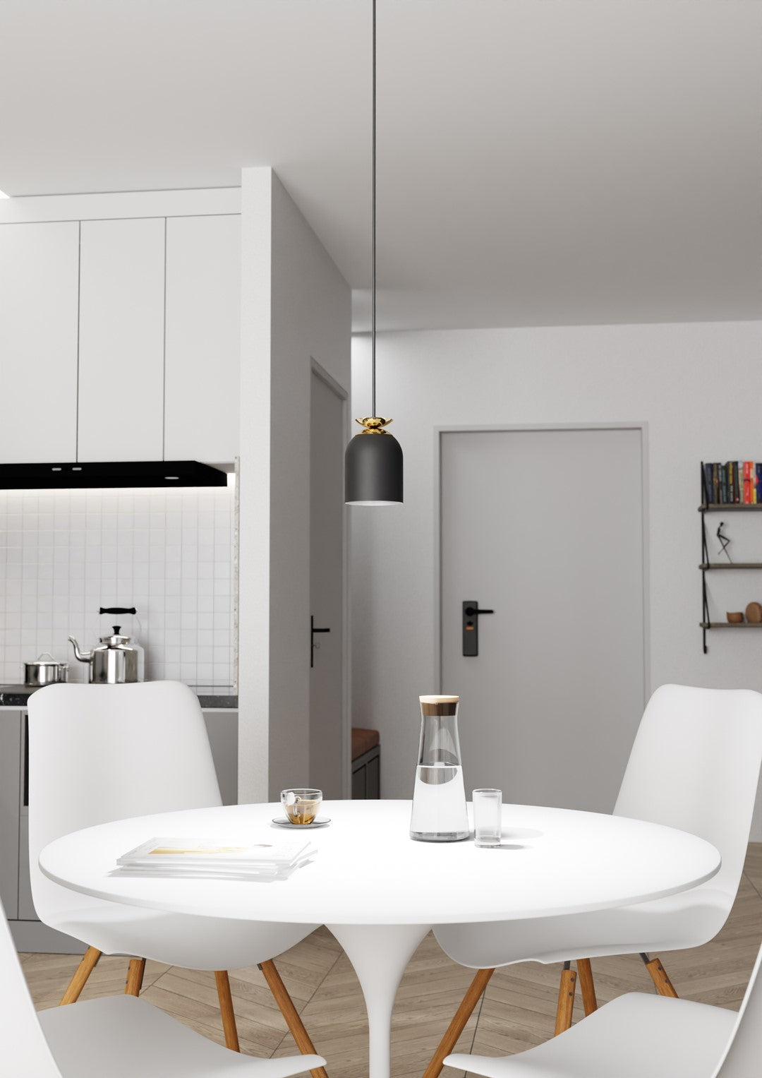 Vue d'ensemble cuisine et séjour, suspension allumée au-dessus de la table