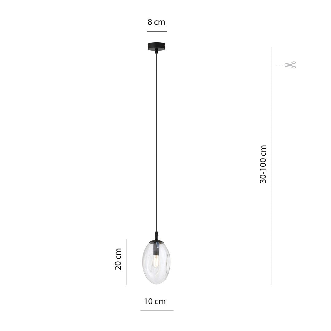 Schéma coté : rosace 8 cm, verre 20 cm, câble réglable 30 à 100 cm