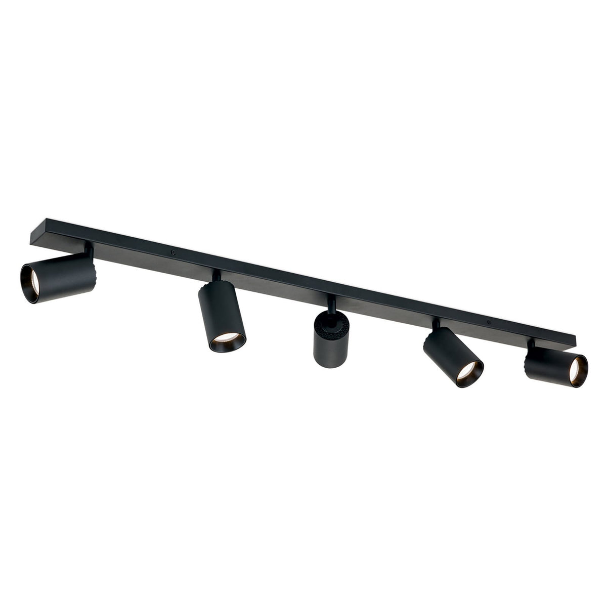 Produit isolé sur fond blanc, rail noir et cinq spots cylindriques orientables.