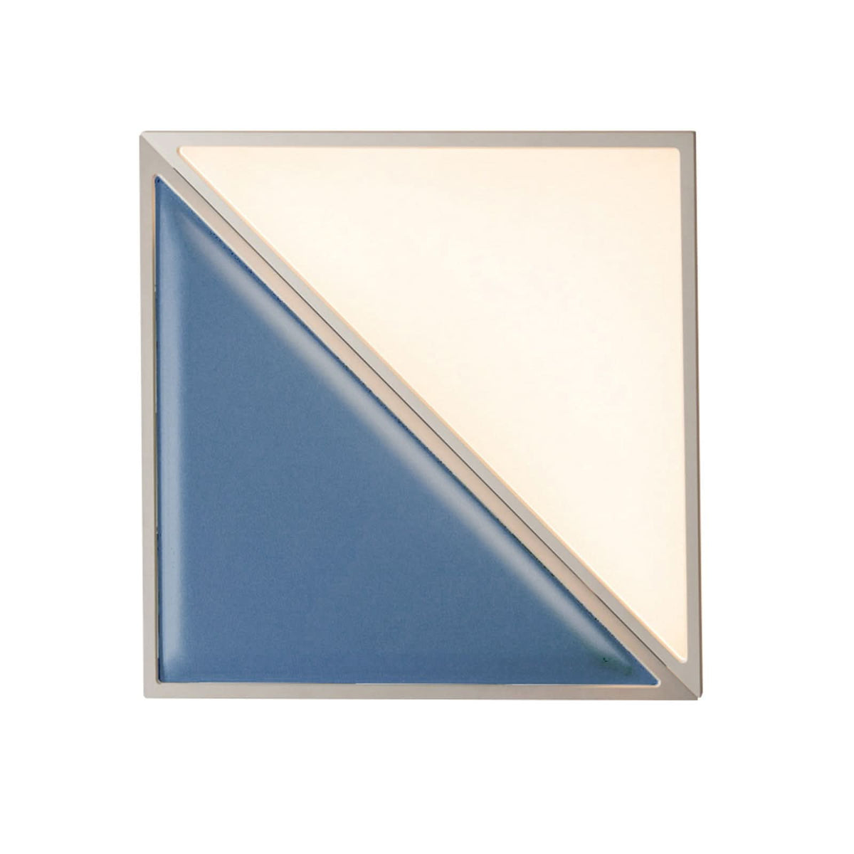 Vue de face du luminaire carré bicolore bleu et blanc, cadre fin.