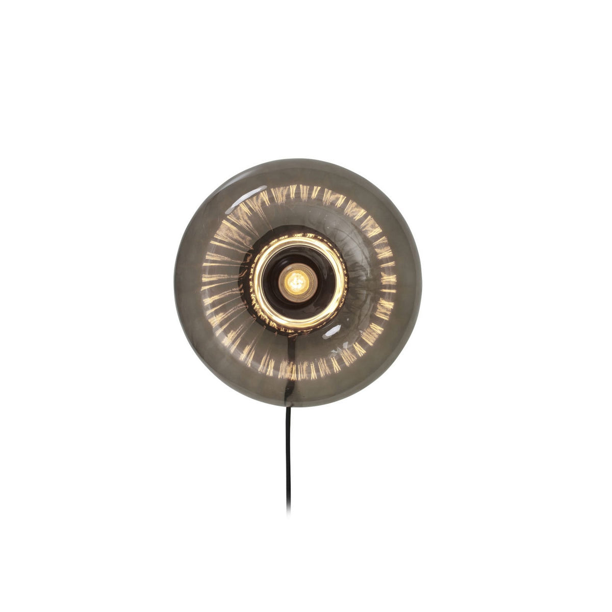 Applique murale ronde en verre gris fumé, vue de face sur fond blanc