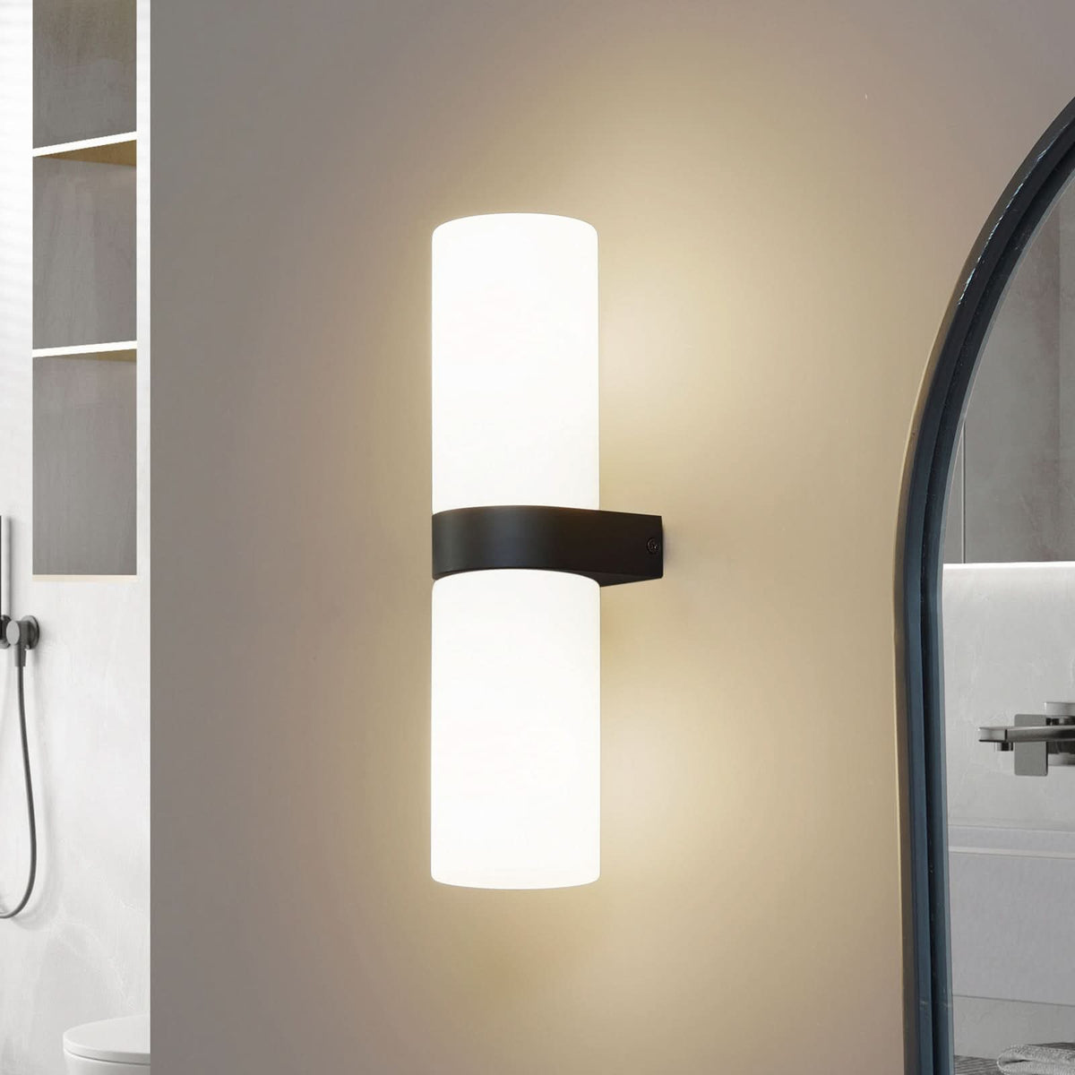 Applique murale Basolo en verre, noir et blanc, 2 lumières, hauteur 31,5 cm, IP44