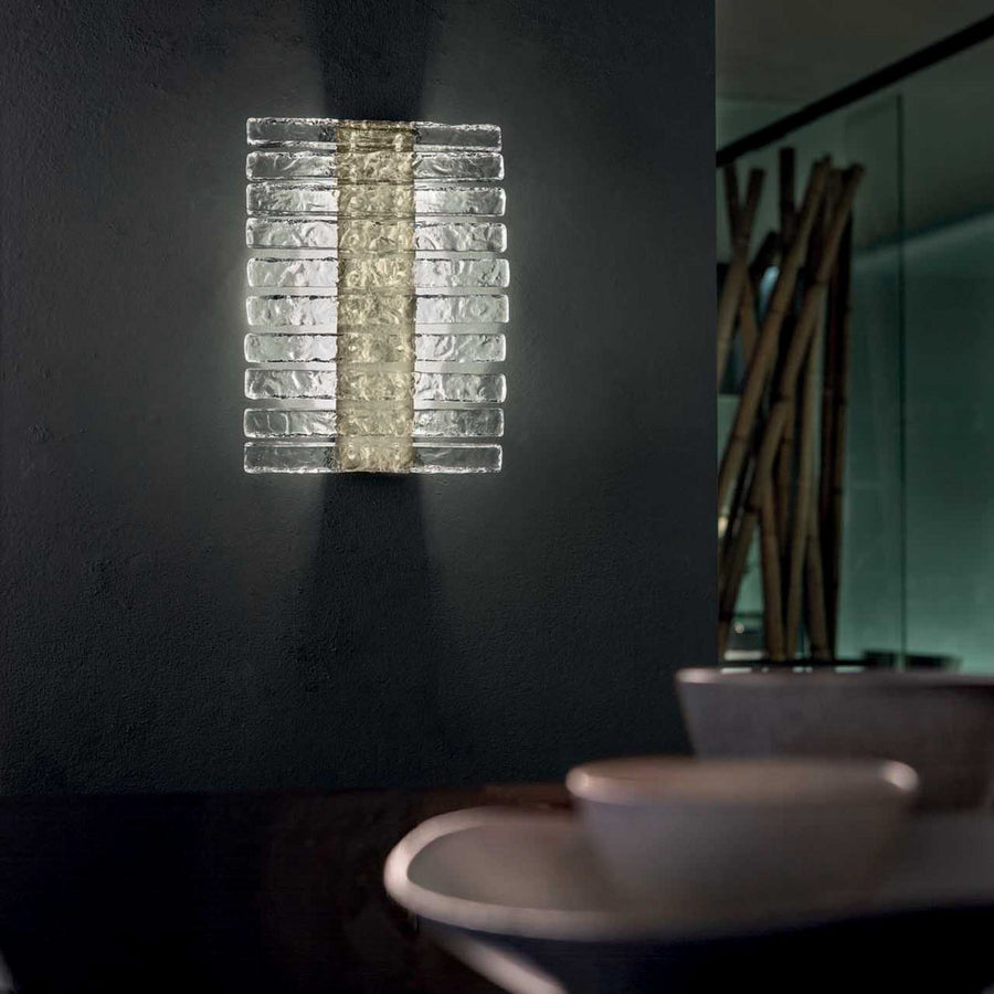 Applique murale LED Vegas en verre, feuille d'or et transparent structuré, hauteur 38 cm