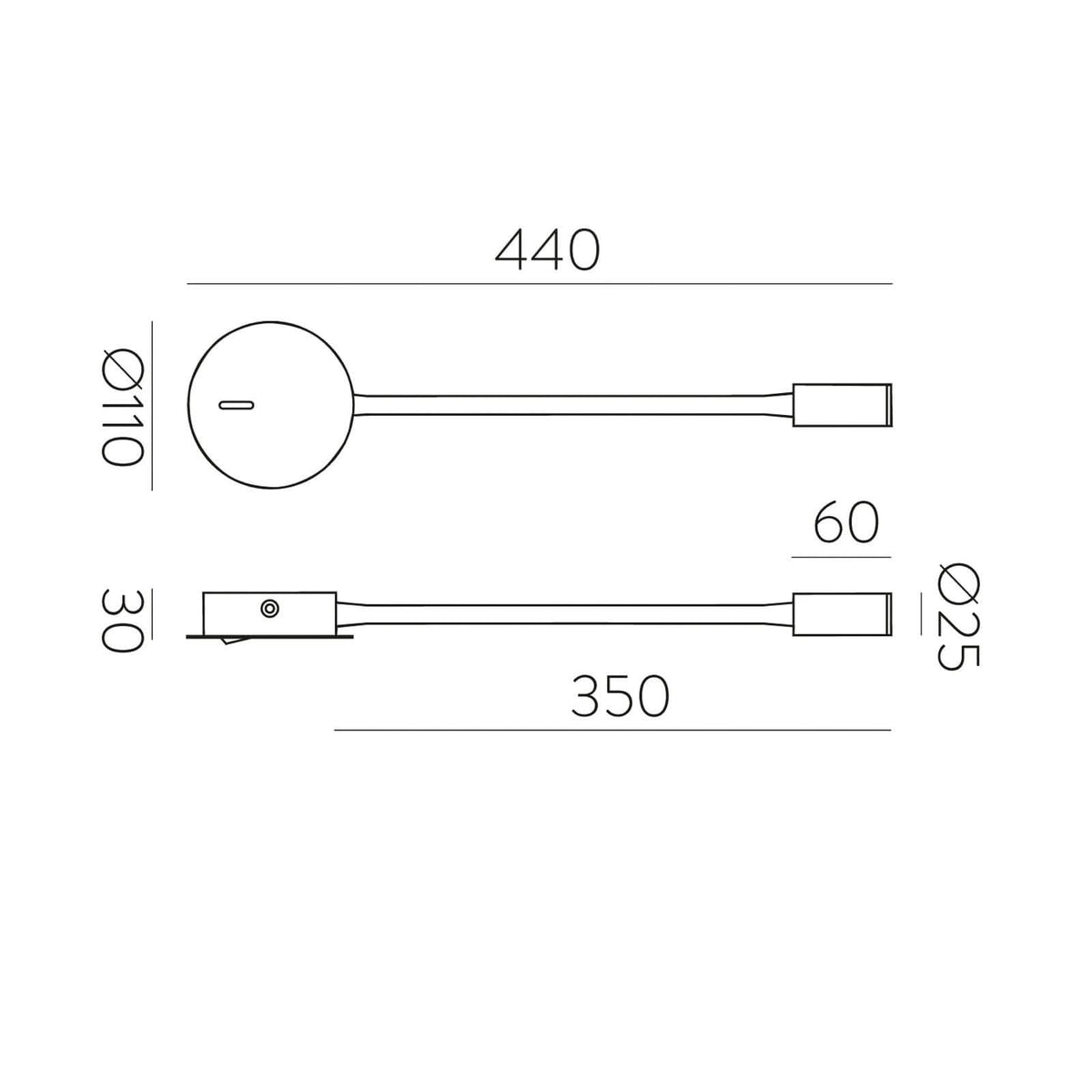 Schéma technique coté du luminaire : largeur 440 mm, base Ø110 mm et bras 350 mm.