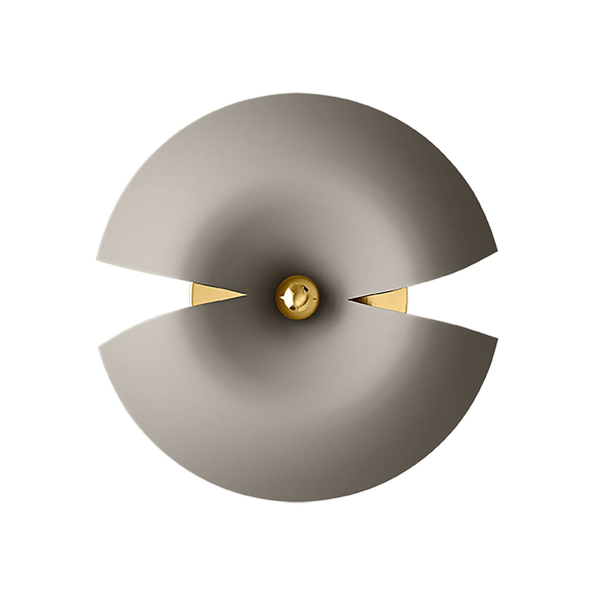 Vue de face de l'applique ronde taupe avec centre doré et fente horizontale.