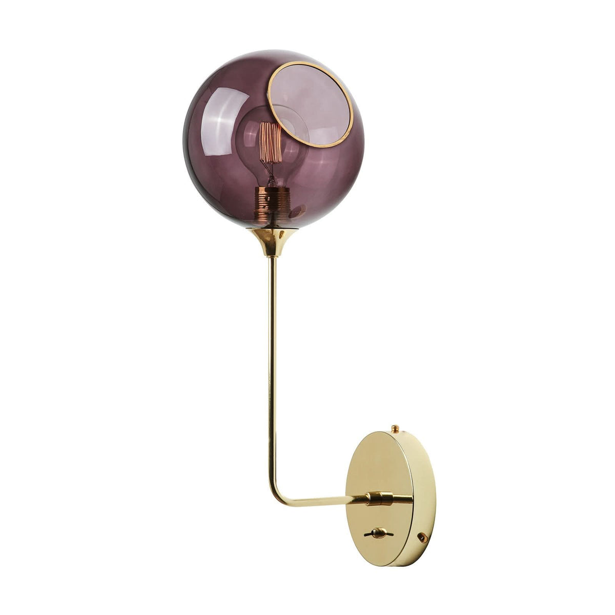 Applique murale dorée avec globe en verre violet et ampoule apparente