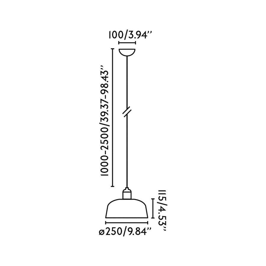 Schéma technique côté de la suspension, hauteur réglable et diamètre.