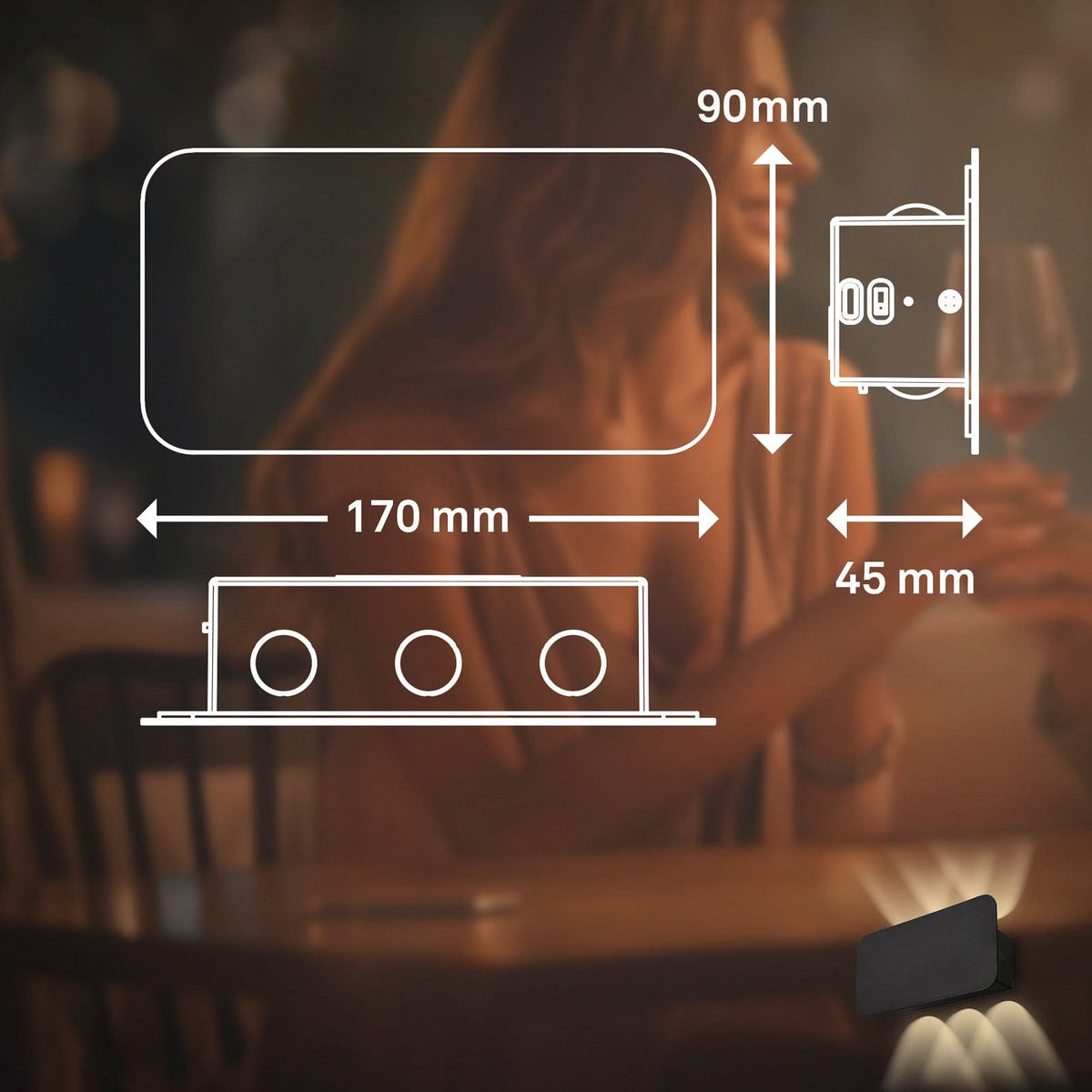 Applique murale LED rechargeable Meluna en métal, noir, hauteur 9 cm
